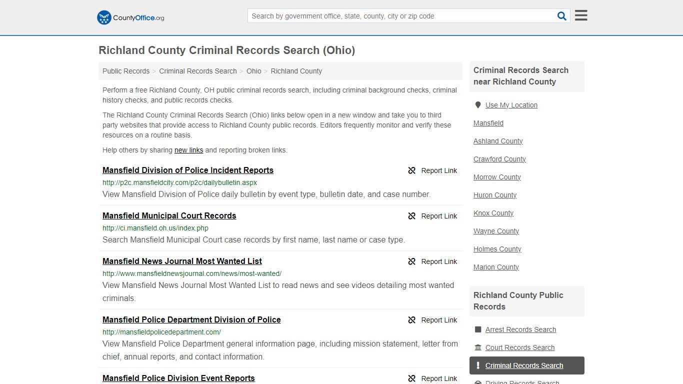 Richland County Criminal Records Search (Ohio) - County Office